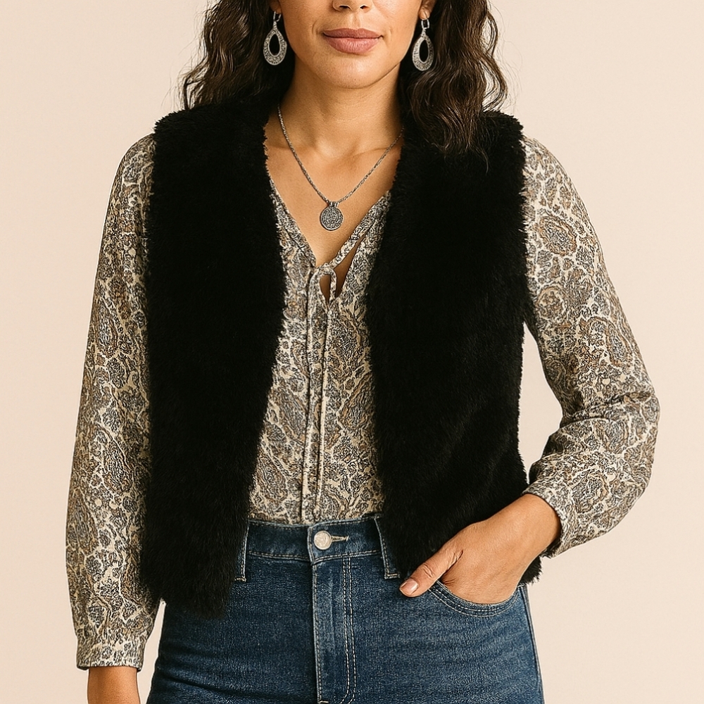 Kensie Faux Fur Open Vest Black Large